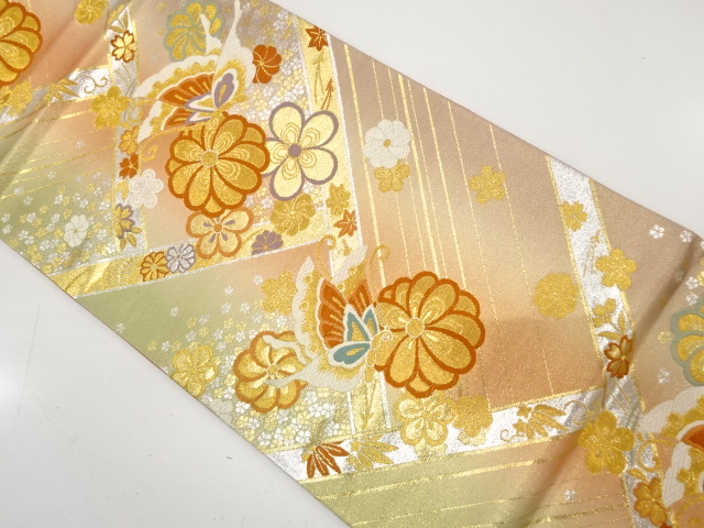 JAPANESE KIMONO / ANTIQUE FUKURO OBI / SILK / WOVEN KIKU & UME